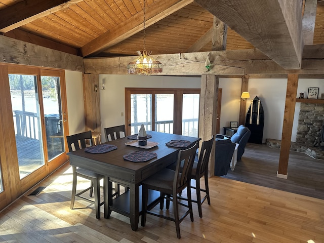93 Goods Point Rd, Steuben, ME 04680 - dining space with lofted ceiling with beams, visible vents, wooden ceiling, and hardwood / wood-style flooring