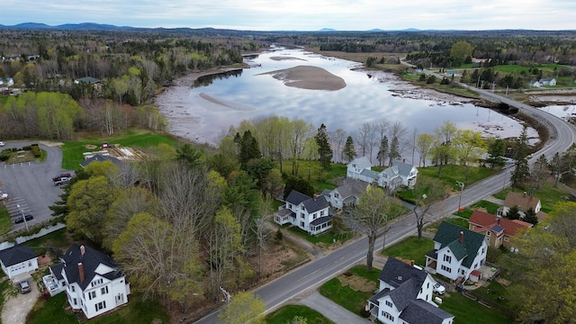 22 Bridge St, Milbridge, ME 04658 - aerial view of property's location with a water and mountain view, a forest, and nearby suburban area