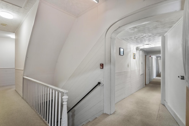 103 S St, Bath, ME 04530 - corridor with an upstairs landing, light colored carpet, ornamental molding, and wainscoting