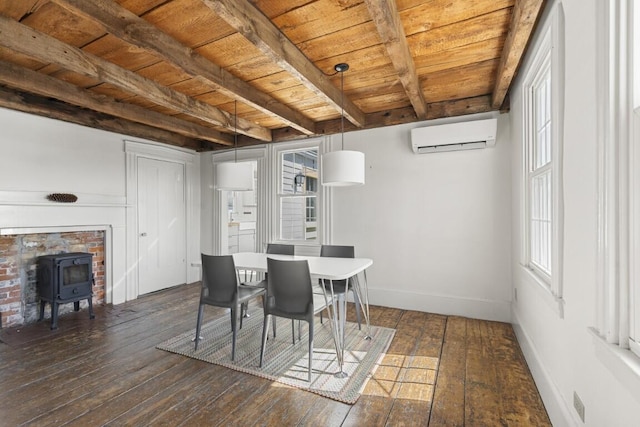 9 School St, Boothbay Harbor, ME 04538 - dining space featuring a wood stove, dark wood finished floors, wood ceiling, beamed ceiling, and a wall unit AC