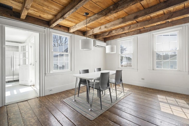 9 School St, Boothbay Harbor, ME 04538 - dining space featuring a wall mounted AC, hardwood / wood-style flooring, wooden ceiling, and beam ceiling