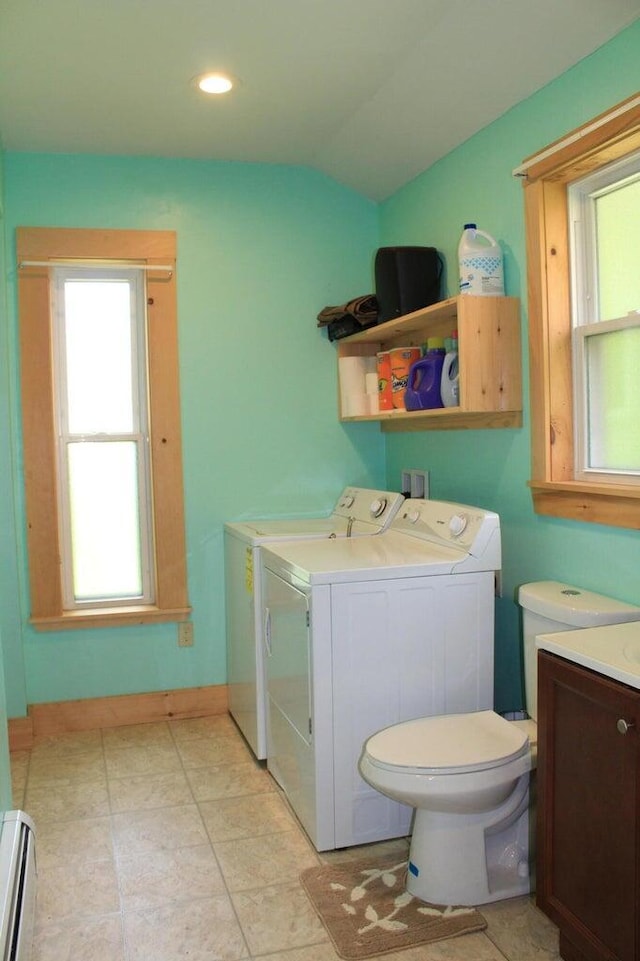 16 Pleasant St, Milo, ME 04463 - clothes washing area with laundry area, separate washer and dryer, recessed lighting, a baseboard radiator, and baseboards
