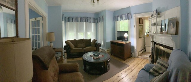 16 Pleasant St, Milo, ME 04463 - living area featuring light wood-type flooring, a glass covered fireplace, and baseboard heating
