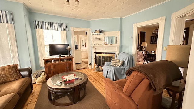 16 Pleasant St, Milo, ME 04463 - living room with baseboard heating, wood finished floors, ornamental molding, and a glass covered fireplace