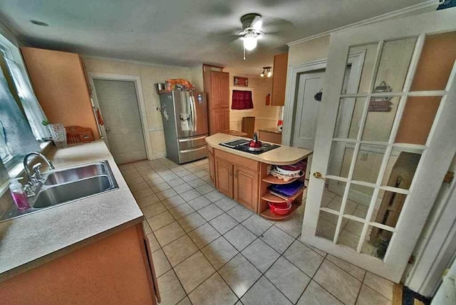 84 Military St, Houlton, ME 04730 - kitchen featuring stainless steel refrigerator with ice dispenser, a sink, light tile patterned floors, a ceiling fan, and open shelves