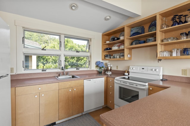 223 Pemaquid Trl, Bristol, ME 04554 - kitchen featuring white appliances, a sink, dark wood-style flooring, and open shelves