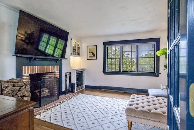 living area featuring baseboards, wood finished floors, and a fireplace