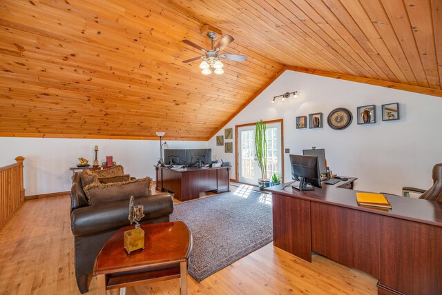 575 Hallowell Rd, Chelsea, ME 04330 - office area with vaulted ceiling, wooden ceiling, ceiling fan, and light wood-type flooring