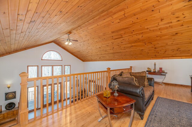 575 Hallowell Rd, Chelsea, ME 04330 - living area featuring ceiling fan, lofted ceiling, wood ceiling, and wood finished floors