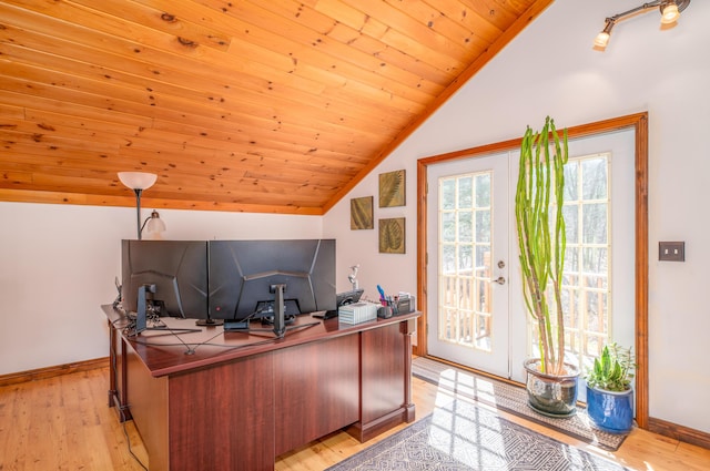 575 Hallowell Rd, Chelsea, ME 04330 - office with vaulted ceiling, baseboards, light wood finished floors, and wooden ceiling