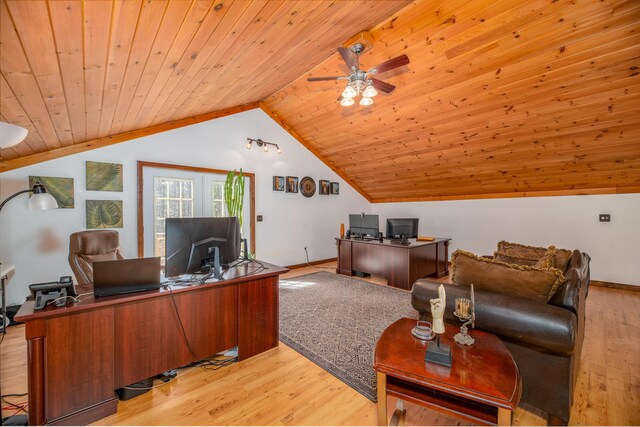 575 Hallowell Rd, Chelsea, ME 04330 - office featuring wood ceiling, ceiling fan, vaulted ceiling, and light wood-type flooring