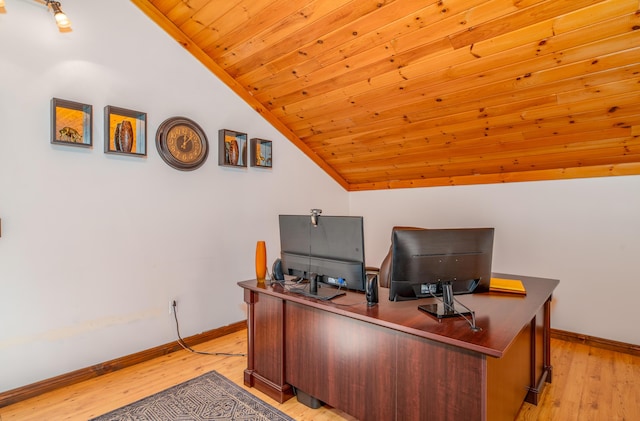 575 Hallowell Rd, Chelsea, ME 04330 - office with lofted ceiling, baseboards, light wood-type flooring, and wood ceiling