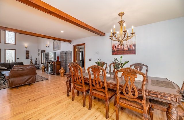 575 Hallowell Rd, Chelsea, ME 04330 - dining room with a chandelier, beamed ceiling, light wood-type flooring, and recessed lighting