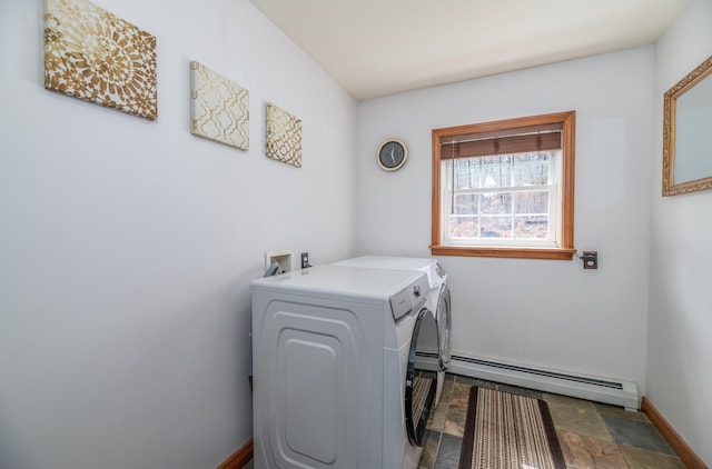 575 Hallowell Rd, Chelsea, ME 04330 - laundry area with a baseboard heating unit, washing machine and dryer, stone finish floors, and baseboards