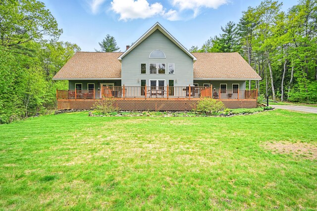575 Hallowell Rd, Chelsea, ME 04330 - rear view of property with a lawn, a wooden deck, and a chimney