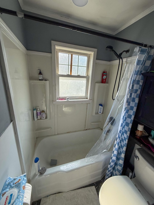 bathroom with shower / bath combination with curtain, ornamental molding, and toilet