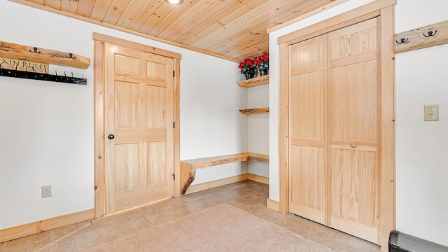 18 Lovers Ln, Bethel, ME 04217 - mudroom featuring wood ceiling, baseboards, and ornamental molding