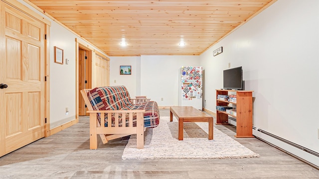 18 Lovers Ln, Bethel, ME 04217 - living area featuring light wood-style flooring, a baseboard heating unit, and wooden ceiling
