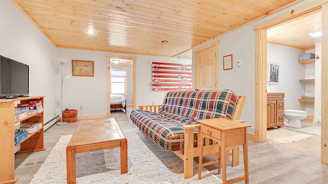 18 Lovers Ln, Bethel, ME 04217 - living room featuring a baseboard radiator, light wood finished floors, wood ceiling, and ornamental molding