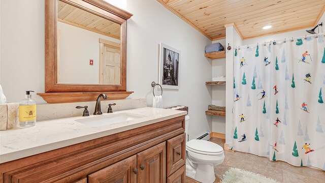 18 Lovers Ln, Bethel, ME 04217 - full bath featuring toilet, wood ceiling, a baseboard heating unit, and vanity