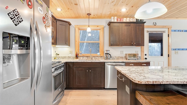 18 Lovers Ln, Bethel, ME 04217 - kitchen with light wood-type flooring, wood ceiling, a sink, and appliances with stainless steel finishes