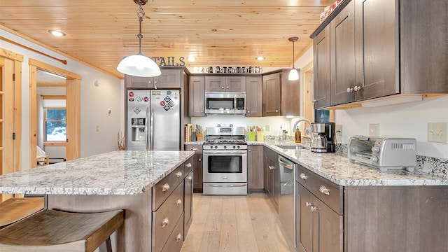 18 Lovers Ln, Bethel, ME 04217 - kitchen with light stone countertops, light wood-type flooring, appliances with stainless steel finishes, wooden ceiling, and a sink
