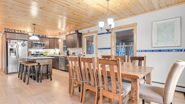 18 Lovers Ln, Bethel, ME 04217 - dining area featuring a chandelier, light wood-style flooring, and wood ceiling