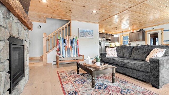 18 Lovers Ln, Bethel, ME 04217 - living area with light wood finished floors, stairway, wooden ceiling, and a fireplace