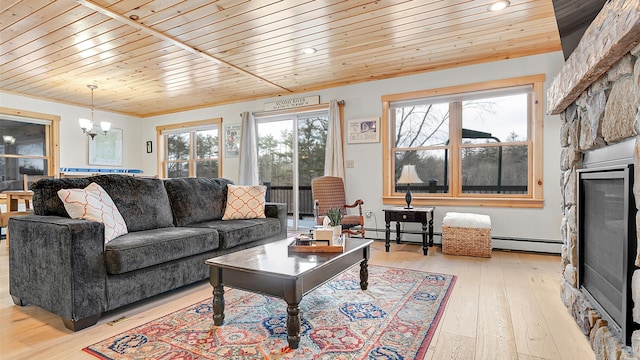 18 Lovers Ln, Bethel, ME 04217 - living area featuring a notable chandelier, baseboard heating, wood ceiling, light wood finished floors, and a large fireplace