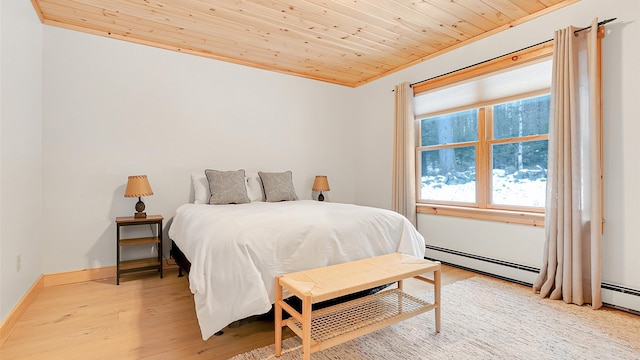 18 Lovers Ln, Bethel, ME 04217 - bedroom featuring wood ceiling, baseboards, light wood-style floors, and baseboard heating