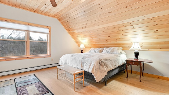 18 Lovers Ln, Bethel, ME 04217 - bedroom with baseboards, wooden ceiling, wood-type flooring, a baseboard heating unit, and lofted ceiling