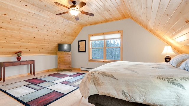 18 Lovers Ln, Bethel, ME 04217 - bedroom featuring vaulted ceiling, baseboard heating, wood finished floors, wooden ceiling, and baseboards
