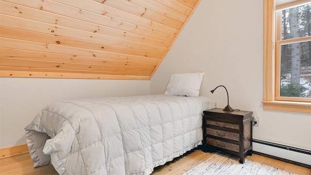 18 Lovers Ln, Bethel, ME 04217 - bedroom featuring wood ceiling, lofted ceiling, a baseboard radiator, and wood finished floors
