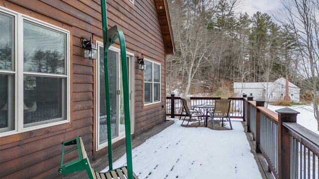 18 Lovers Ln, Bethel, ME 04217 - snow covered deck with outdoor dining area