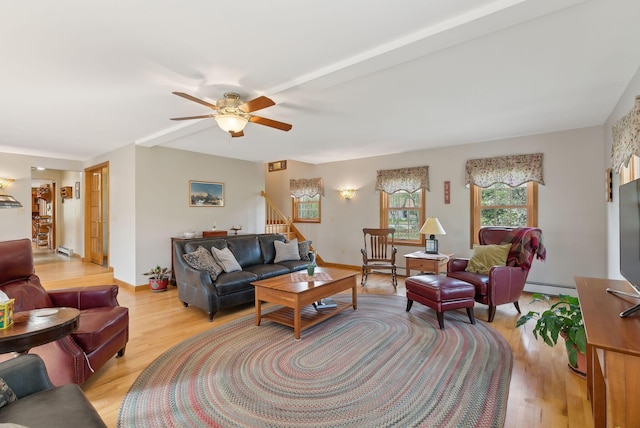 14 Stonebrook Rd, Windham, ME 04062 - living area featuring a baseboard radiator, light wood-style floors, stairs, and a ceiling fan