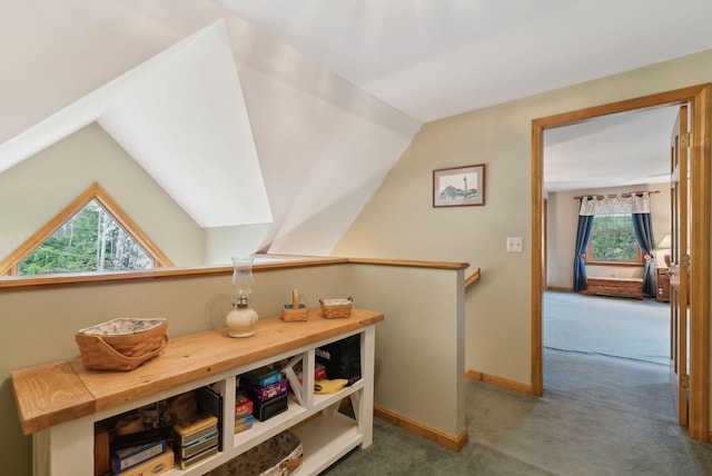 14 Stonebrook Rd, Windham, ME 04062 - hall featuring carpet flooring, healthy amount of natural light, an upstairs landing, lofted ceiling, and baseboards