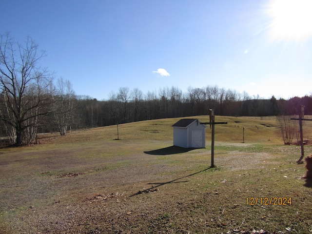 view of yard with an outbuilding, a rural view, a wooded view, and a storage unit