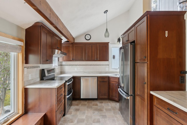 12 Bufflehead Cove Ln, Kennebunk, ME 04043 - kitchen featuring light countertops, stainless steel appliances, tasteful backsplash, and under cabinet range hood