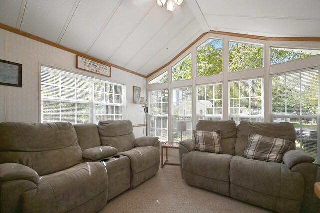 15 Allens Way Unit 18, Raymond, ME 04071 - carpeted living area featuring high vaulted ceiling and ornamental molding