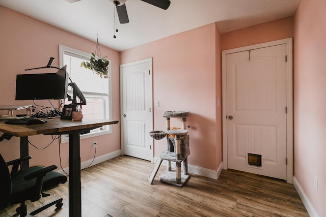 office space with light wood-type flooring, ceiling fan, and baseboards