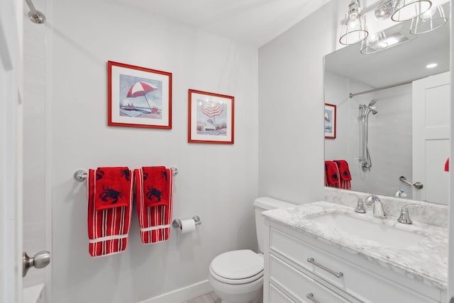 full bathroom with toilet, a shower, and vanity