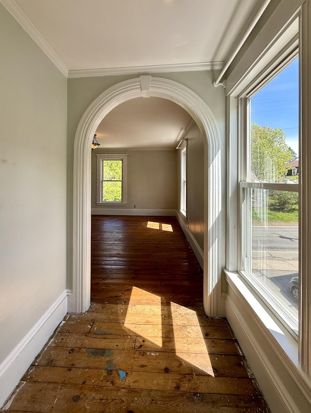 68 Washington St, Eastport, ME 04631 - hall with crown molding, hardwood / wood-style flooring, arched walkways, and baseboards