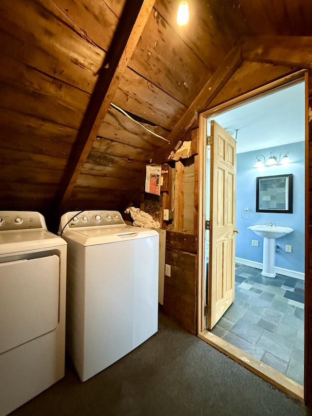 68 Washington St, Eastport, ME 04631 - washroom featuring independent washer and dryer and wooden ceiling