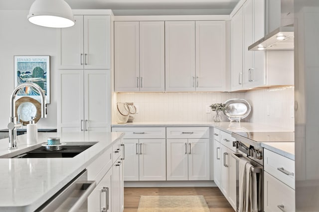 267 US Route 1 Ph 508, Falmouth, ME 04105 - kitchen featuring light wood-style flooring, wall chimney range hood, white cabinets, appliances with stainless steel finishes, and a sink