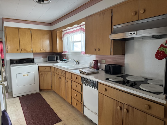 11 Pleasant St, Limestone, ME 04750 - kitchen featuring white dishwasher, under cabinet range hood, a sink, washer / dryer, and light countertops