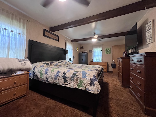 113 River Rd, Dresden, ME 04342 - carpeted bedroom featuring beamed ceiling and a ceiling fan