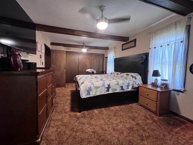 113 River Rd, Dresden, ME 04342 - bedroom with carpet, beamed ceiling, and a ceiling fan