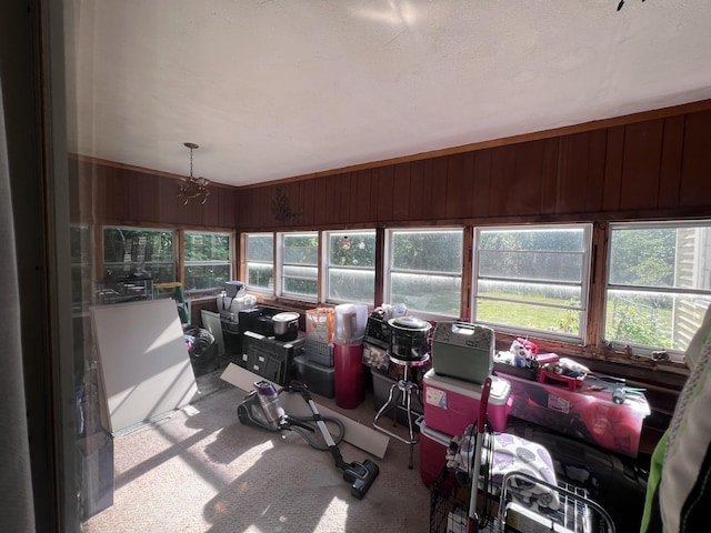 113 River Rd, Dresden, ME 04342 - sunroom featuring carpet flooring, a chandelier, and wooden walls