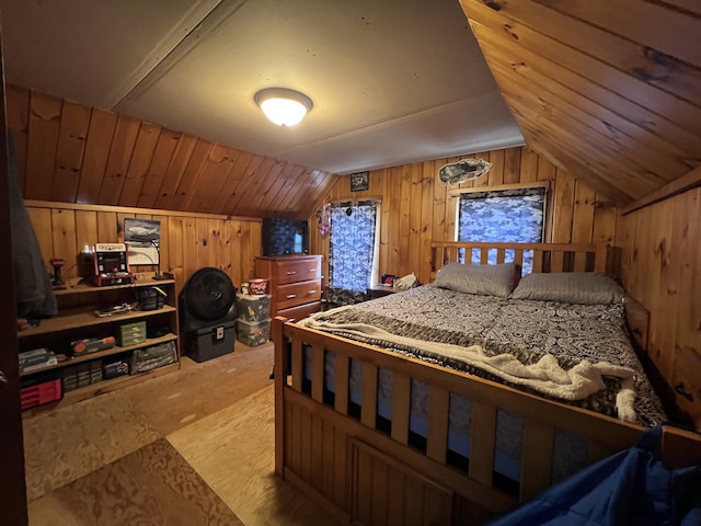 113 River Rd, Dresden, ME 04342 - bedroom with wooden walls and vaulted ceiling