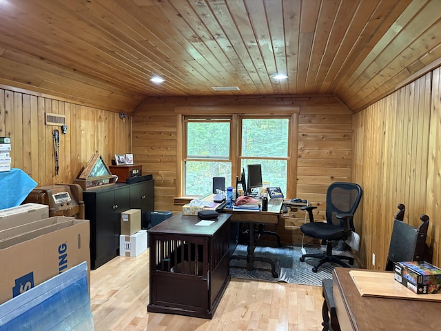 5 Canoe Ct Unit T3 R9, Nwp, ME 04462 - home office featuring vaulted ceiling, wood ceiling, light wood-style flooring, and wooden walls